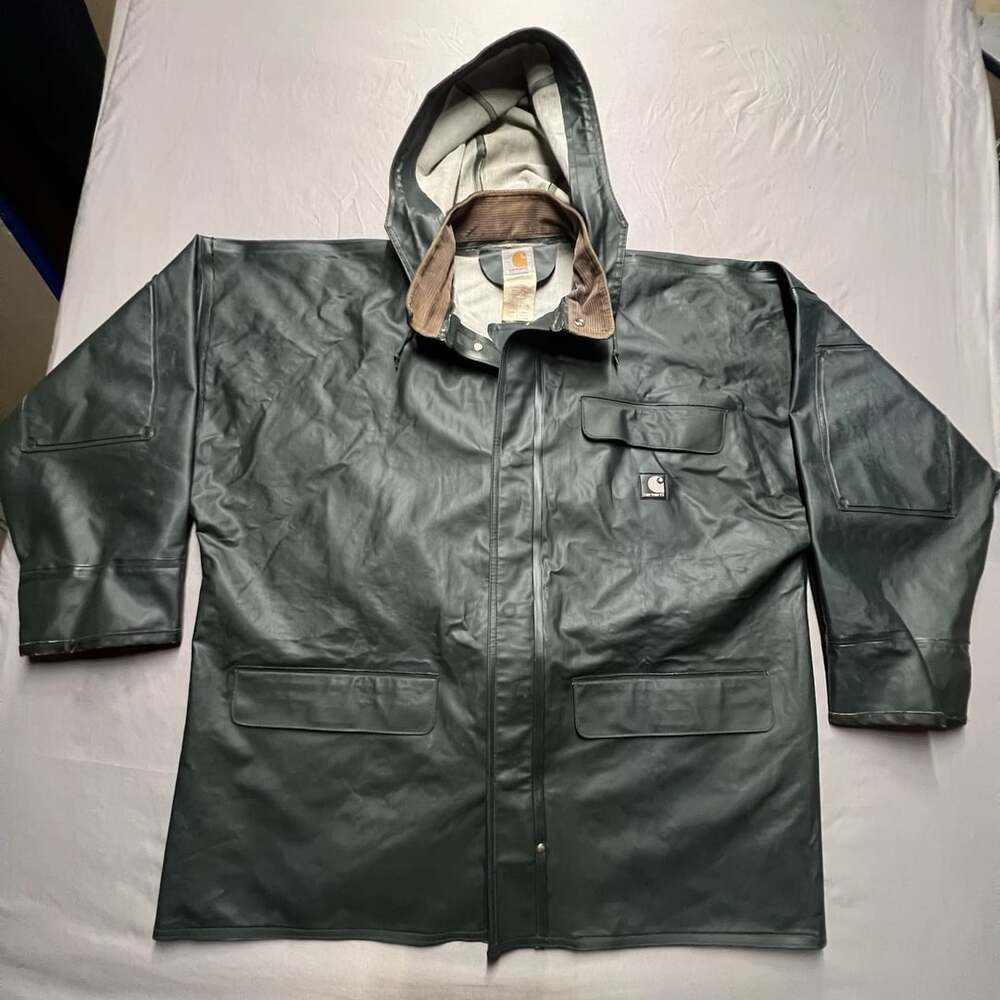 Carhartt Rain Jacket Mens L Green PVC Waterproof Hooded C64GRN Work Coat Snap
